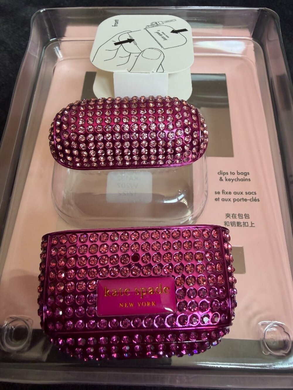 Kate Spade AirPods 3 Case Pink Rhinestone Jeweled Clip Keychain NWT